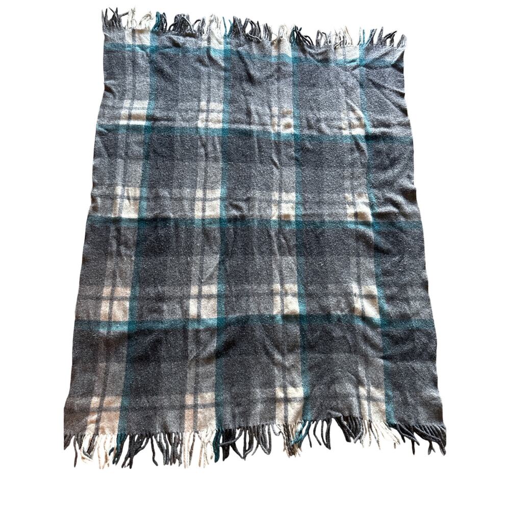 Vintage Pure Lana Wool Gagalis Teal Gray and Ivory Tatersall Plaid Fringe Throw